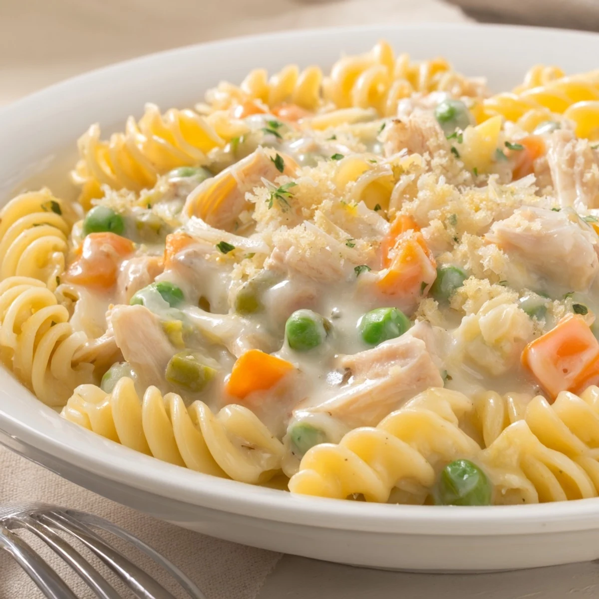 Creamy Chicken Pot Pie Pasta steaming in skillet with tender chicken and peas