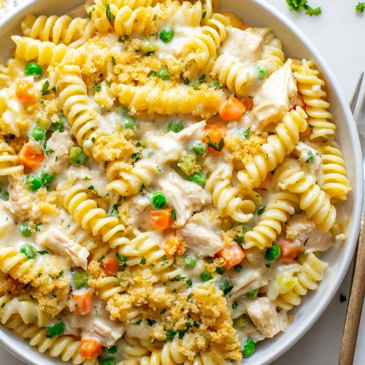 Hearty Chicken Pot Pie Pasta tossed with al dente pasta and Parmesan