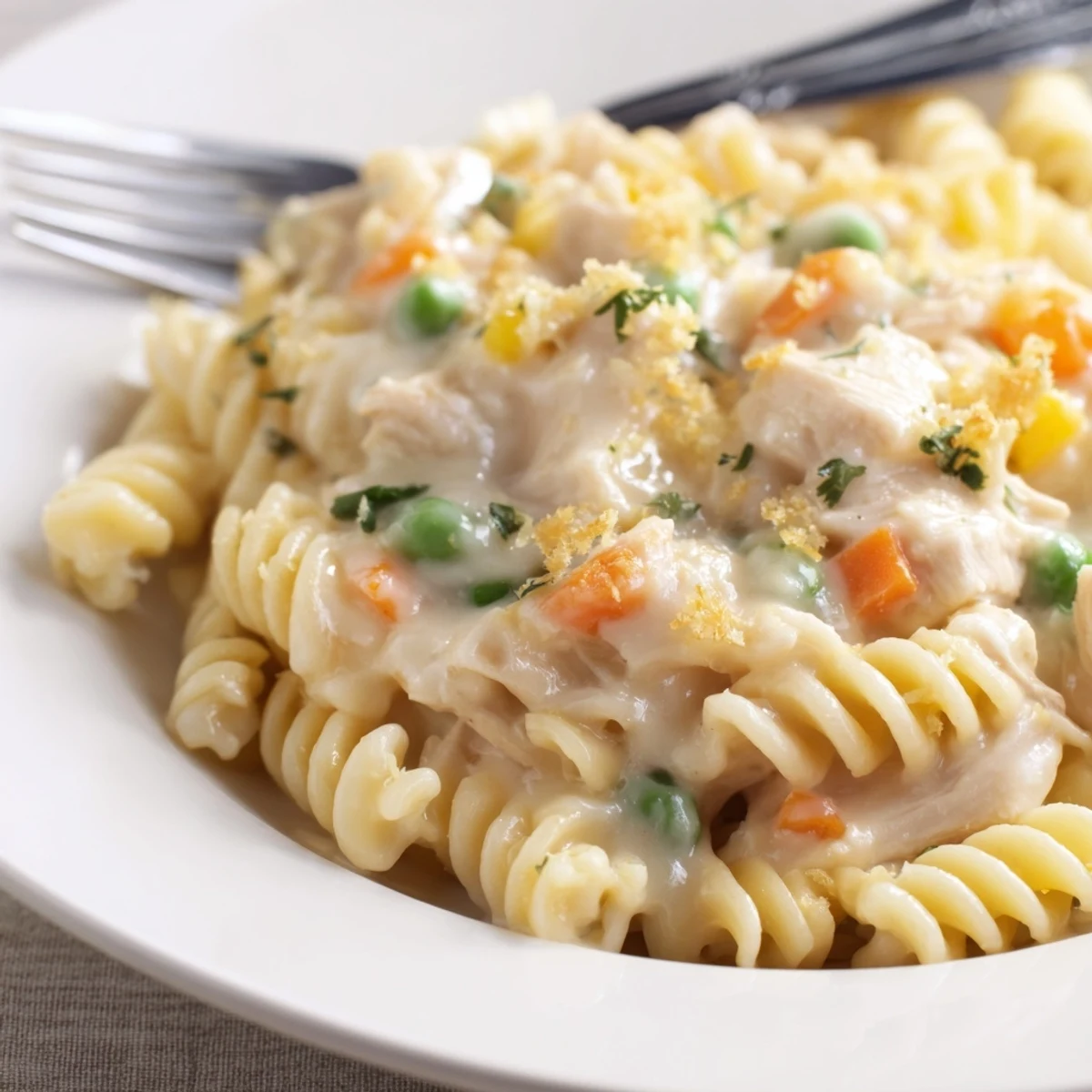 Golden breadcrumb-topped Chicken Pot Pie Pasta broiled until crunchy, served with parsley