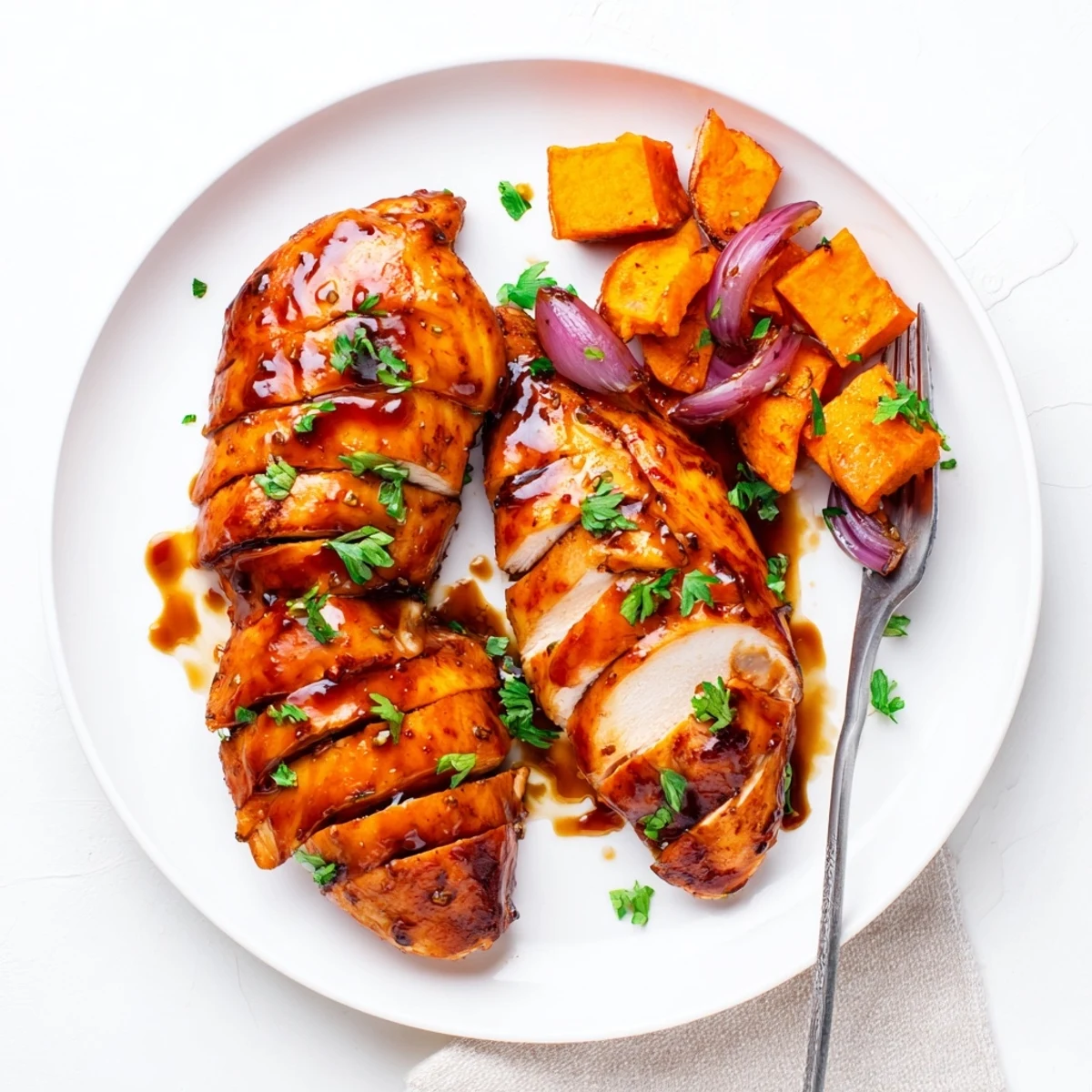 Honey Garlic Chicken and Sweet Potato roasted together, sticky glaze and caramelized cubes.