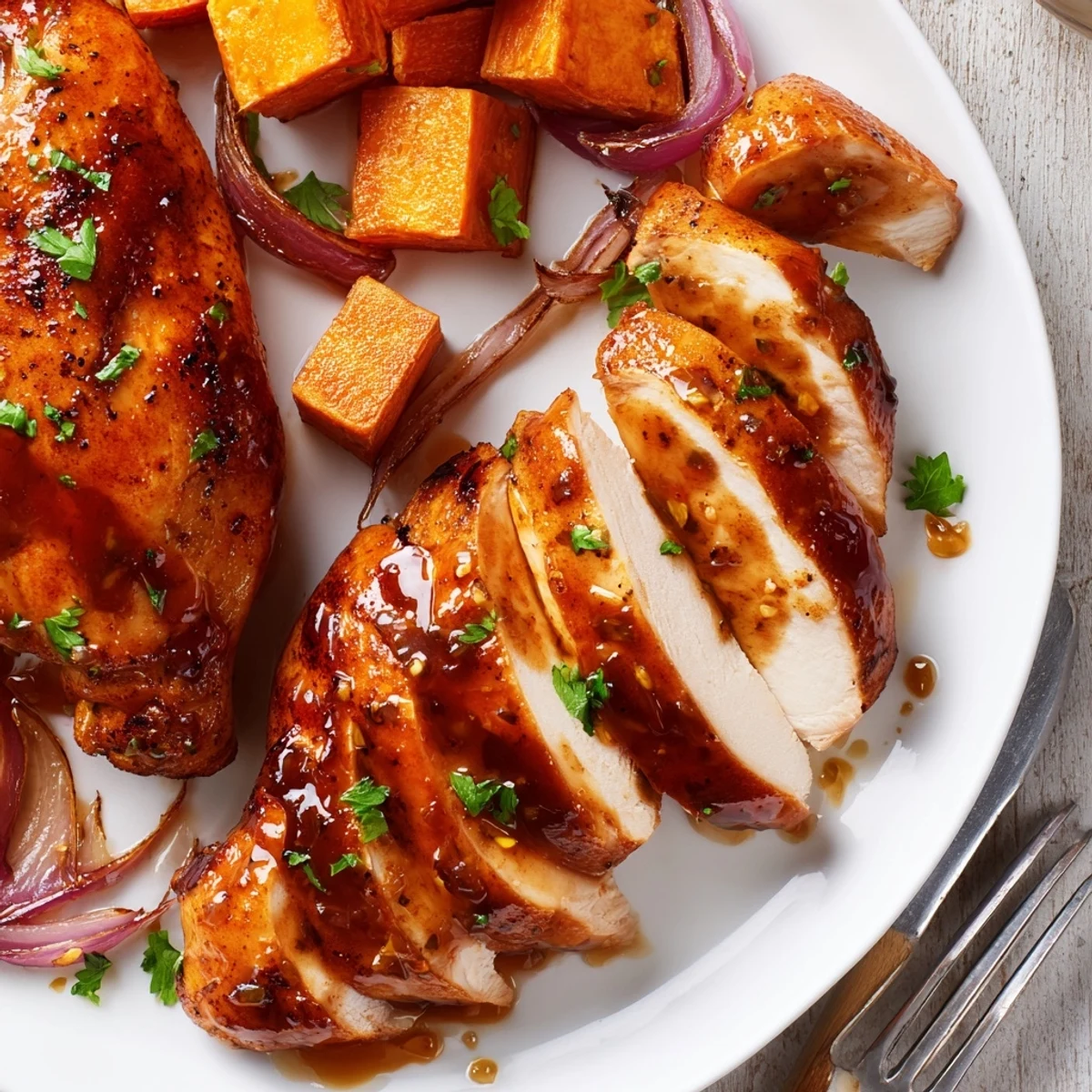 Sheet-pan Honey Garlic Chicken and Sweet Potato with caramelized edges and parsley garnish.