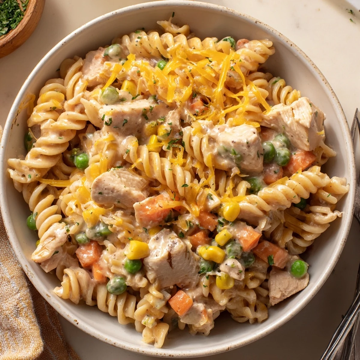 Skillet of Quick Chicken Pot Pie Pasta with shredded chicken, fragrant thyme.