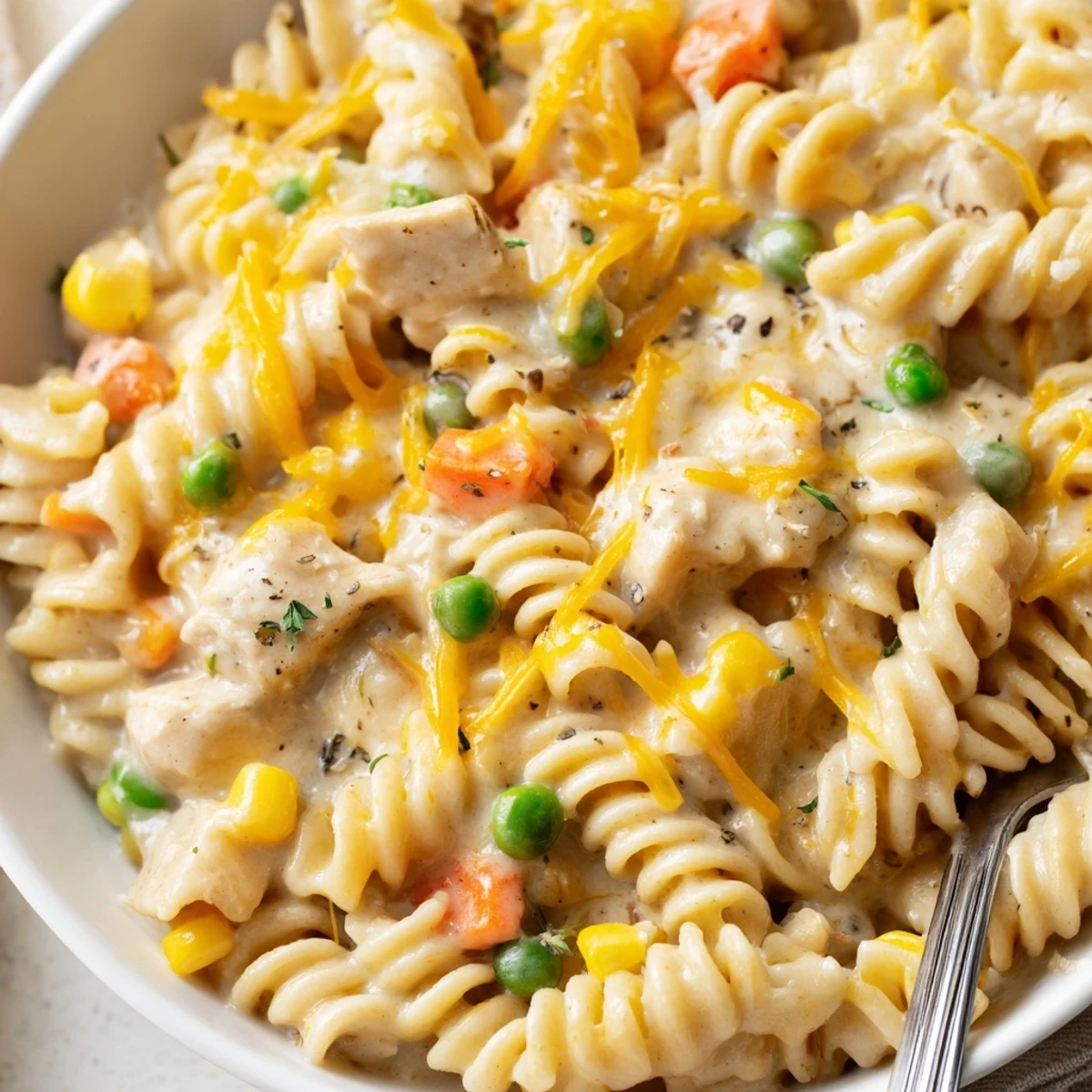 Creamy Quick Chicken Pot Pie Pasta steaming in bowl, peas and cheddar.