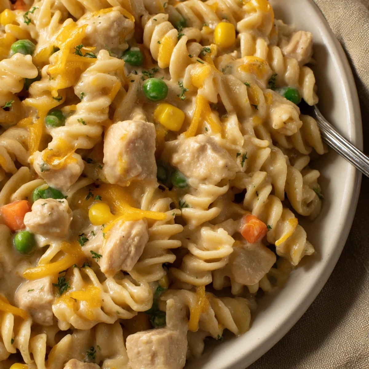Quick Chicken Pot Pie Pasta tossed with rotini, buttery sauce, crusty bread.