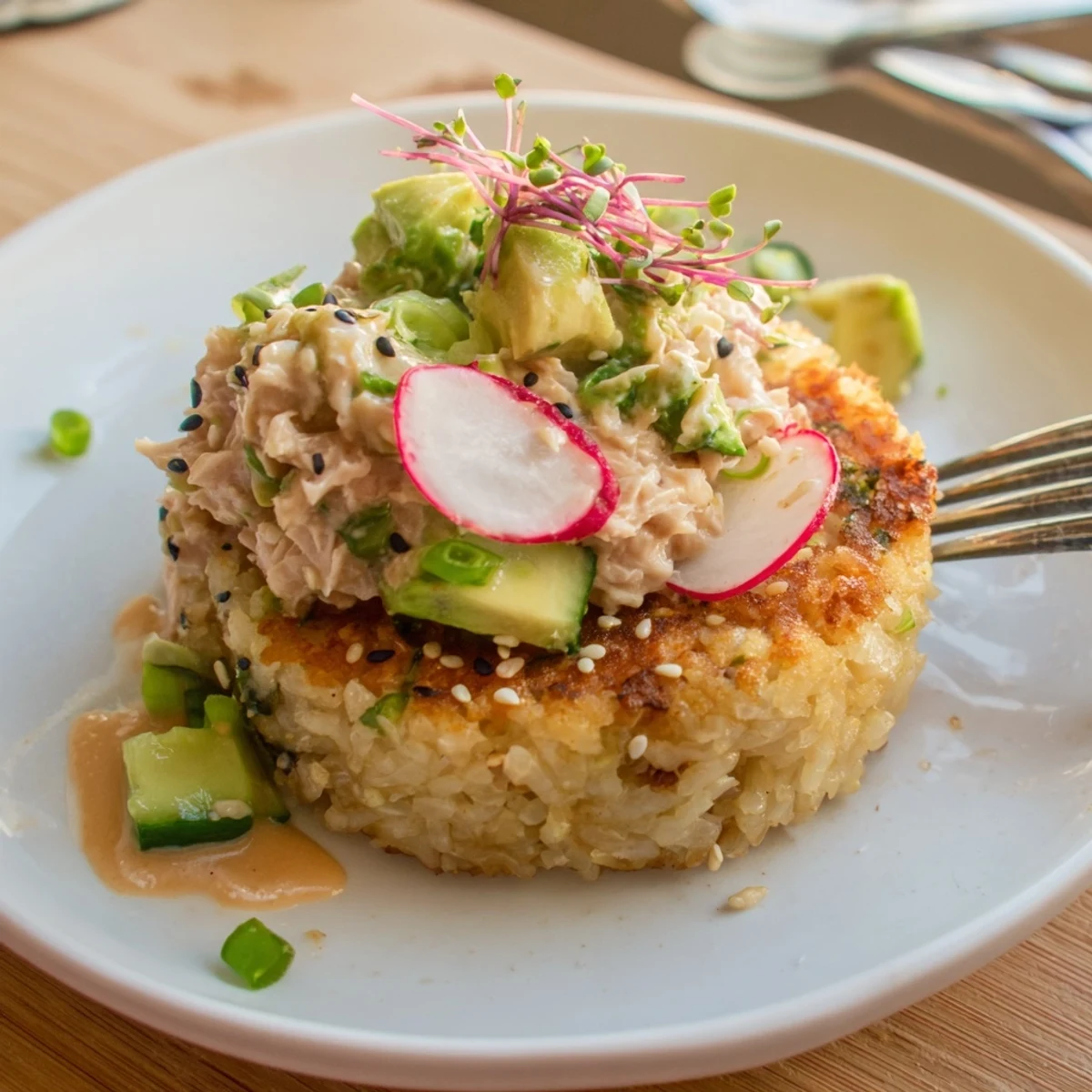 Warm pan-fried Crispy Rice Tuna Salad served with soy dipping sauce  