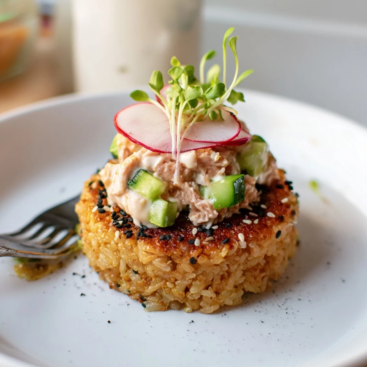 Crispy Rice Tuna Salad topped with creamy avocado, sesame, and radish  