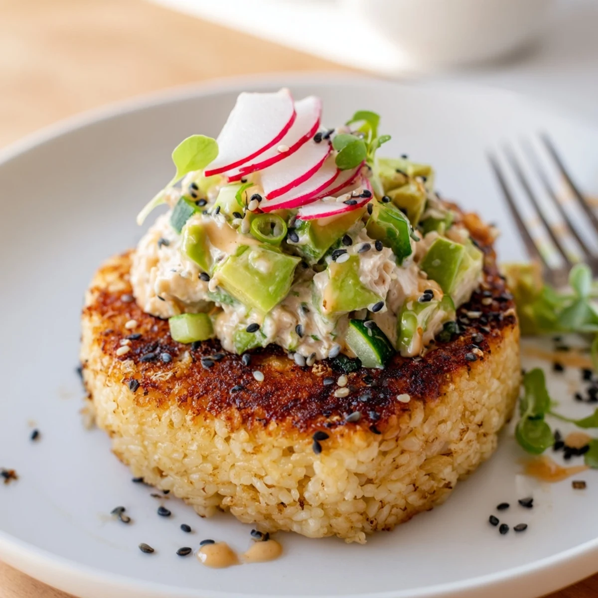 Crispy Rice Tuna Salad on golden rice cakes, bright cucumber and microgreens