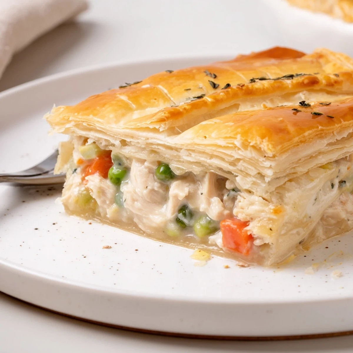 Golden brown Pot Pie with flaky crust steaming, creamy chicken and vegetable filling visible