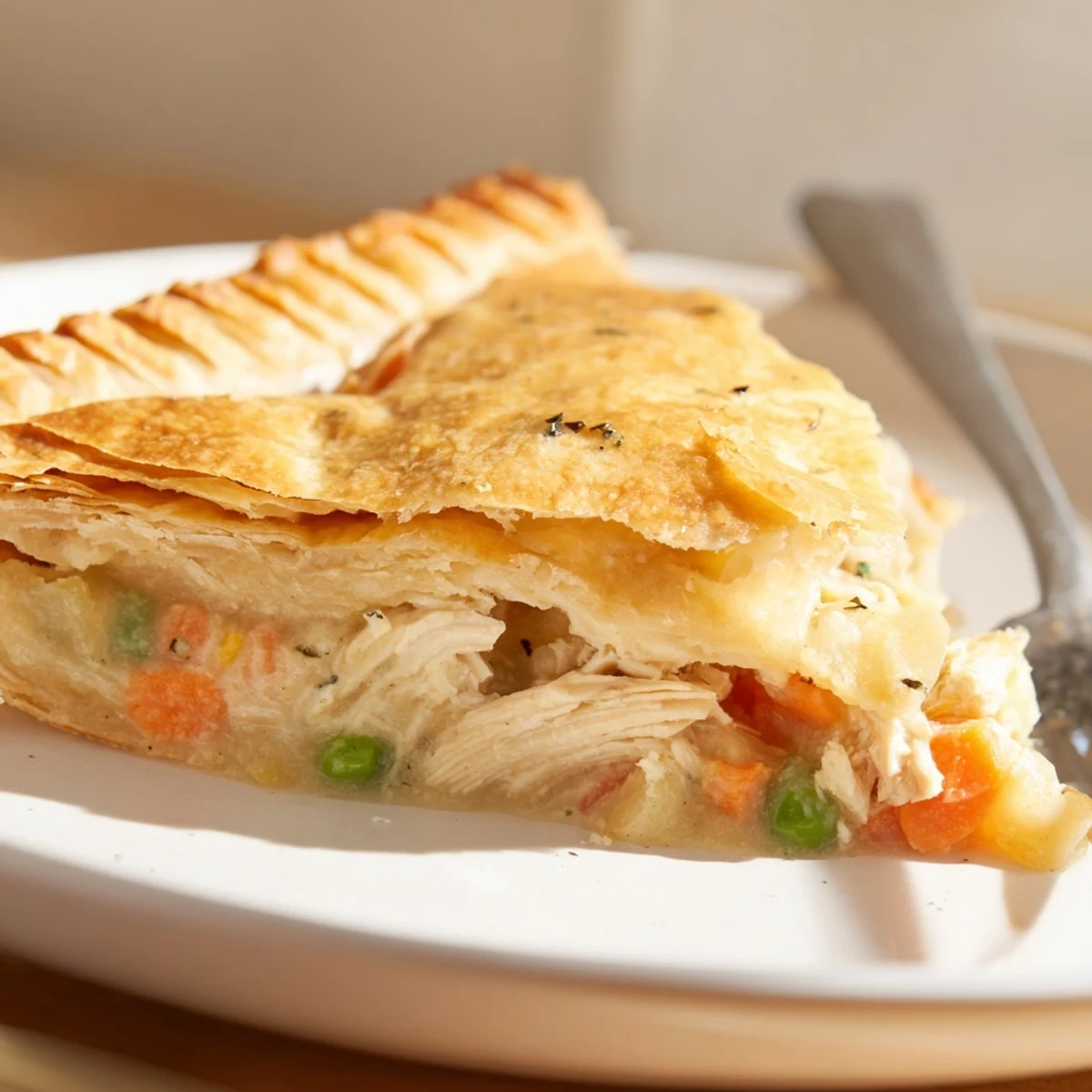 Homestyle Pot Pie on wooden board, knife slicing through warm, savory filling