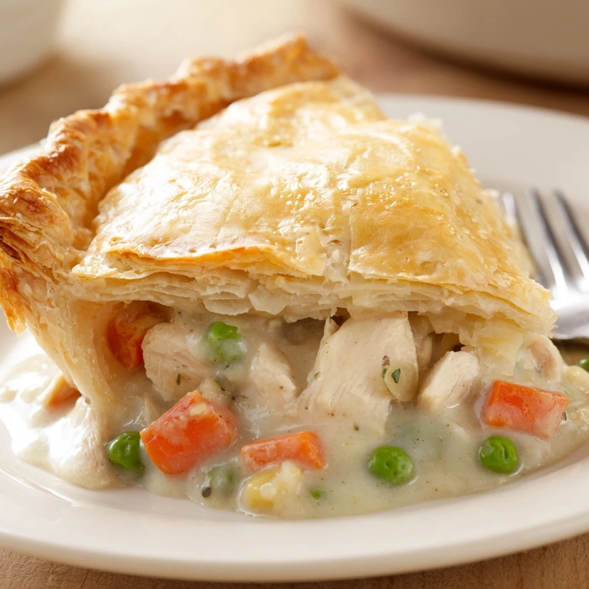 Individual Pot Pie topped with glossy egg wash, steam drifting, served with salad