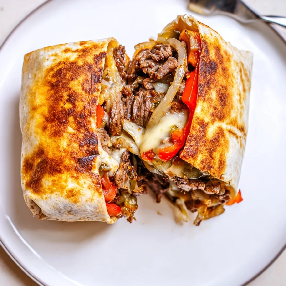 Crispy Steak Cheese Tortilla Melts with golden crust, melted cheese oozing