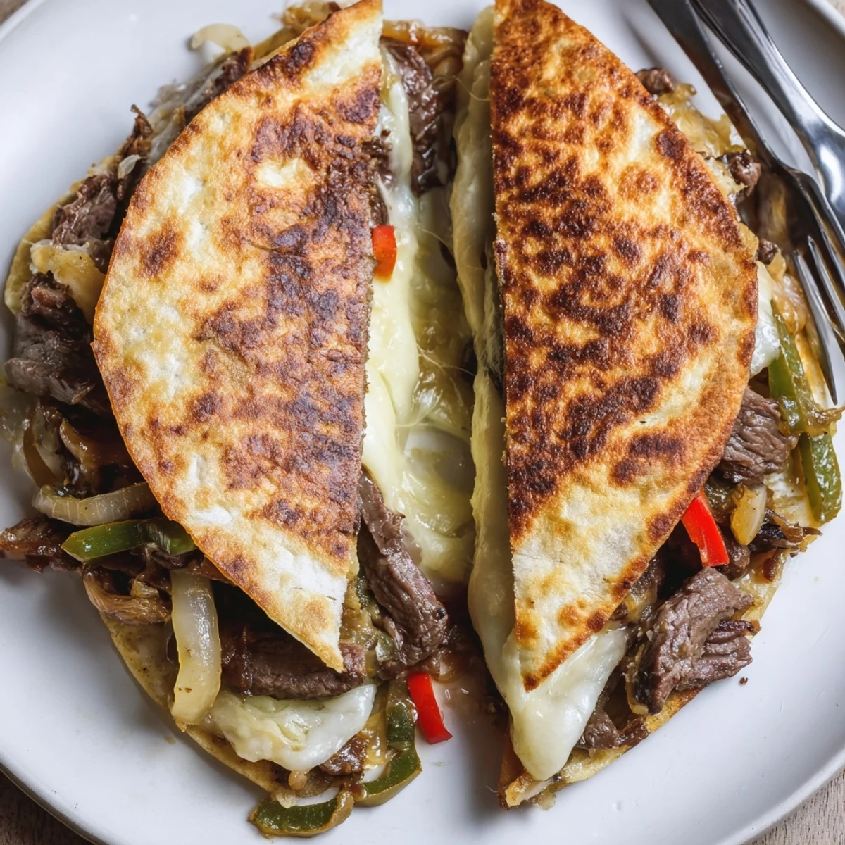 Seared steak and sautéed peppers peek from Crispy Steak Cheese Tortilla Melts