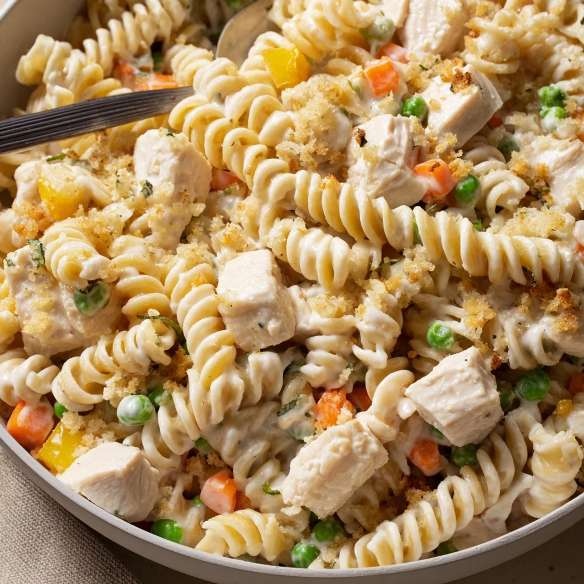 Creamy Pot Pie Pasta with tender chicken and peas, steaming in bowl