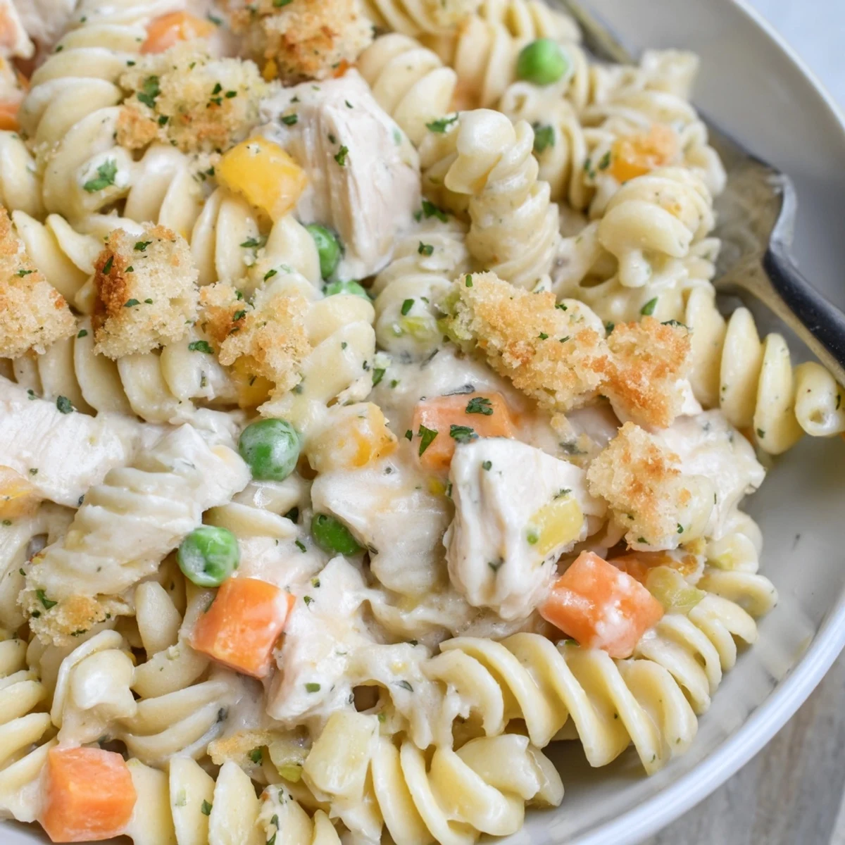 Weeknight Pot Pie Pasta tossed with creamy sauce, carrots, celery, ready to serve