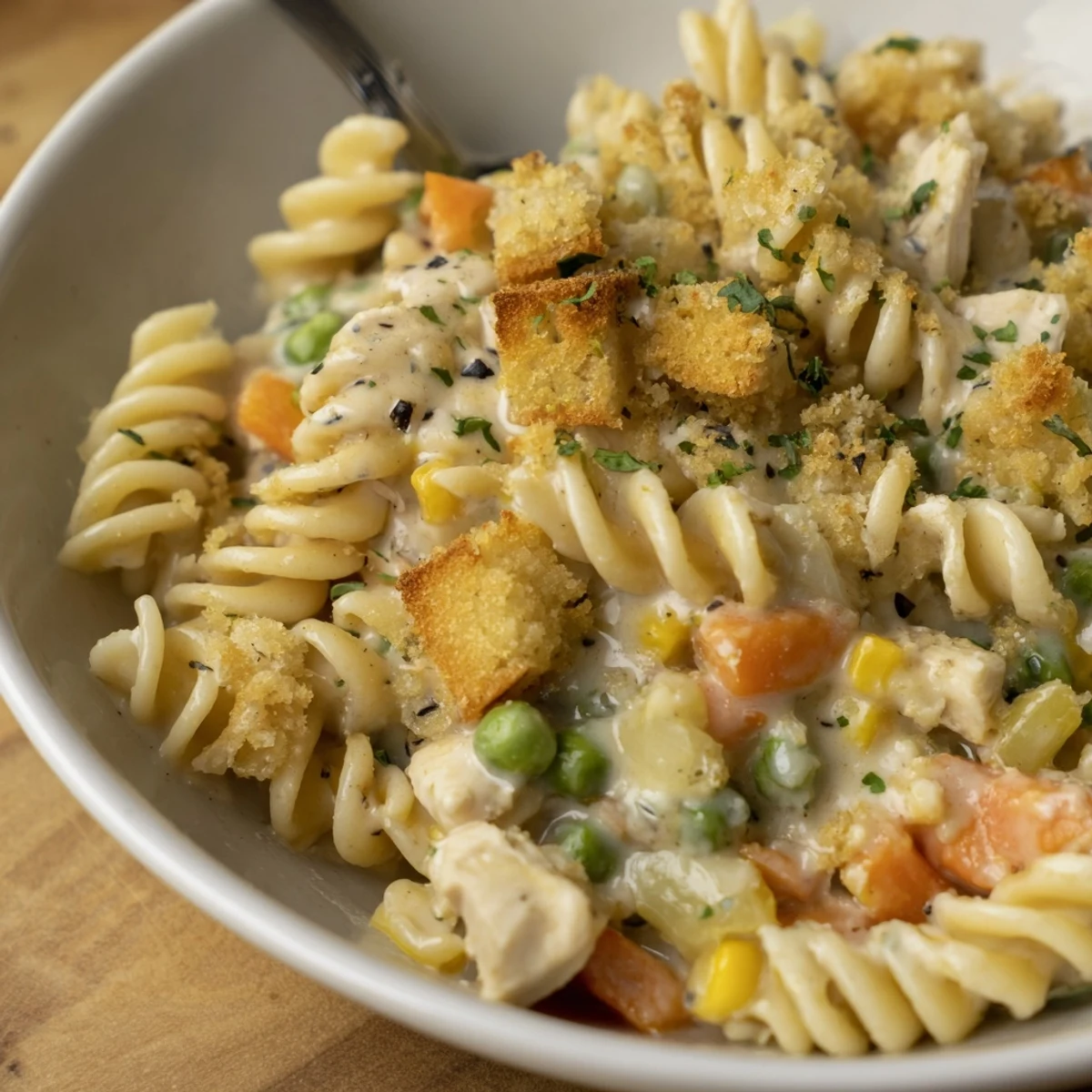 Baked Pot Pie Pasta topped with golden cracker crumb crust, fresh parsley