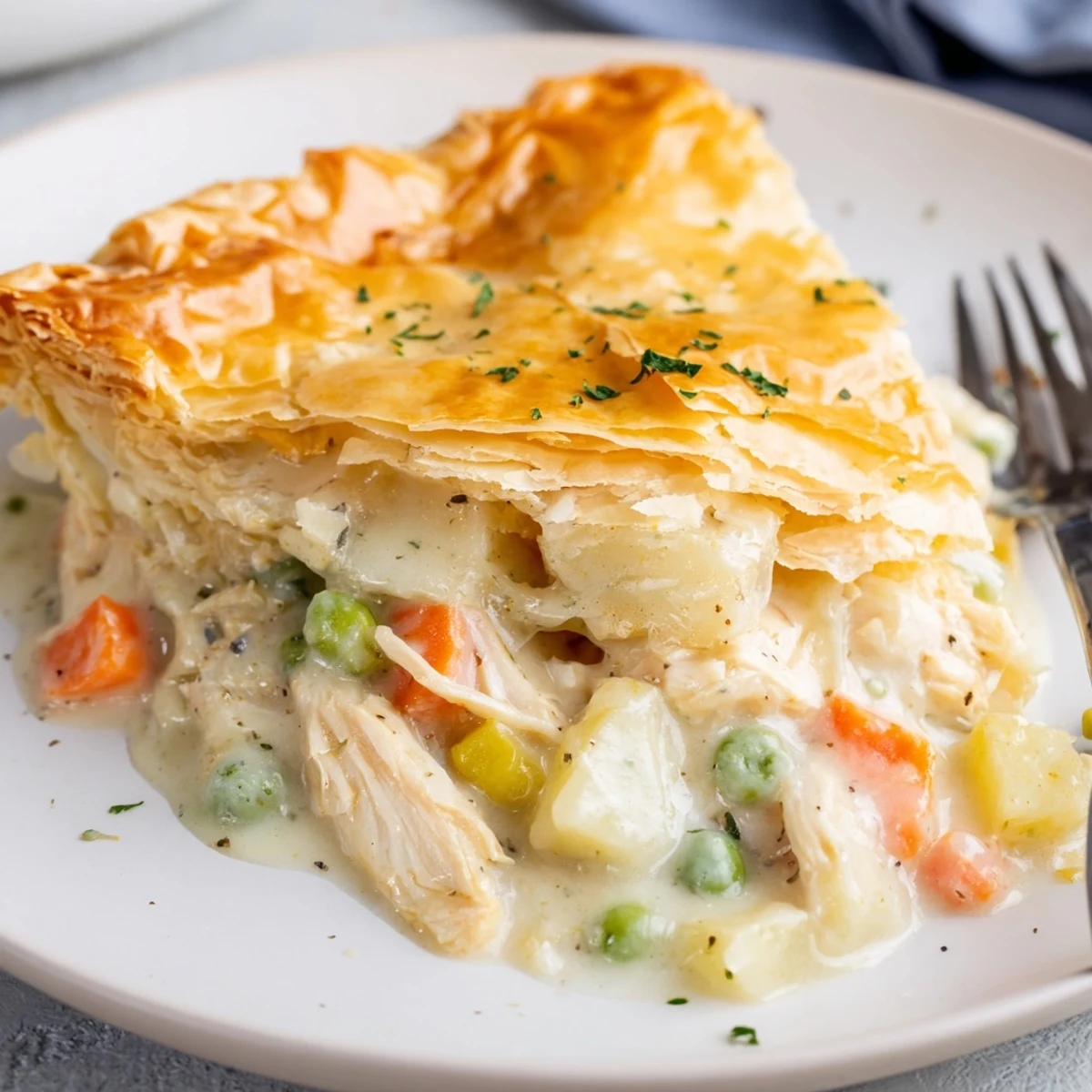 Golden, flaky Chicken Pot Pie steaming beside a salad and white wine.
