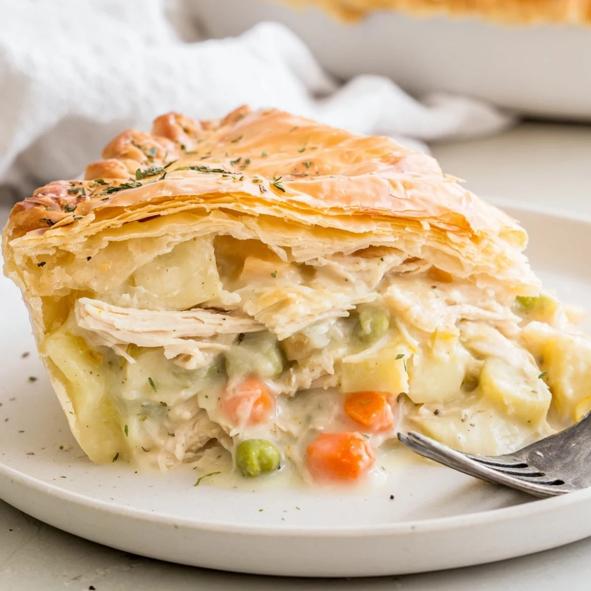 Creamy chicken and vegetable filling in Chicken Pot Pie bubbling under crust.
