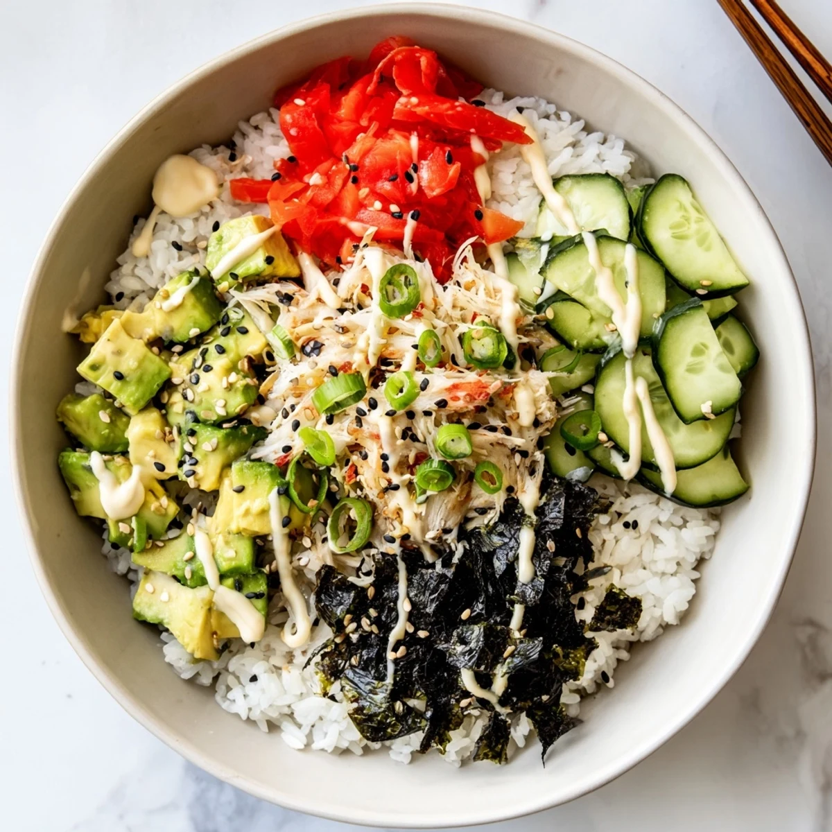 Colorful California roll sushi bowl arranged with fresh diced avocado, crab meat, cucumber strips, and nori over vinegared rice