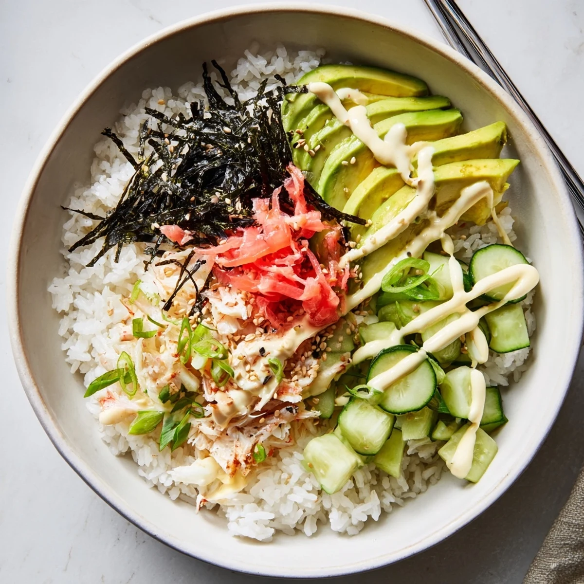 Homemade California roll sushi bowls loaded with shredded crab, creamy avocado, crisp vegetables, and drizzled with spicy Japanese mayonnaise