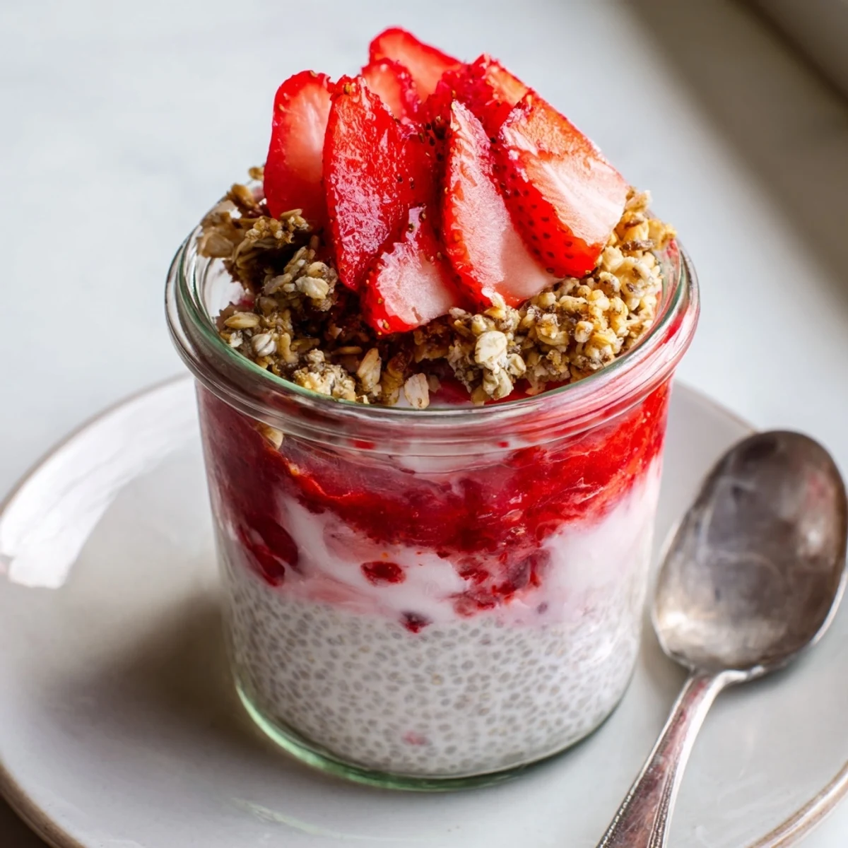 Strawberry crumble chia pudding in clear glass showing vibrant red fruit and textured nutty topping