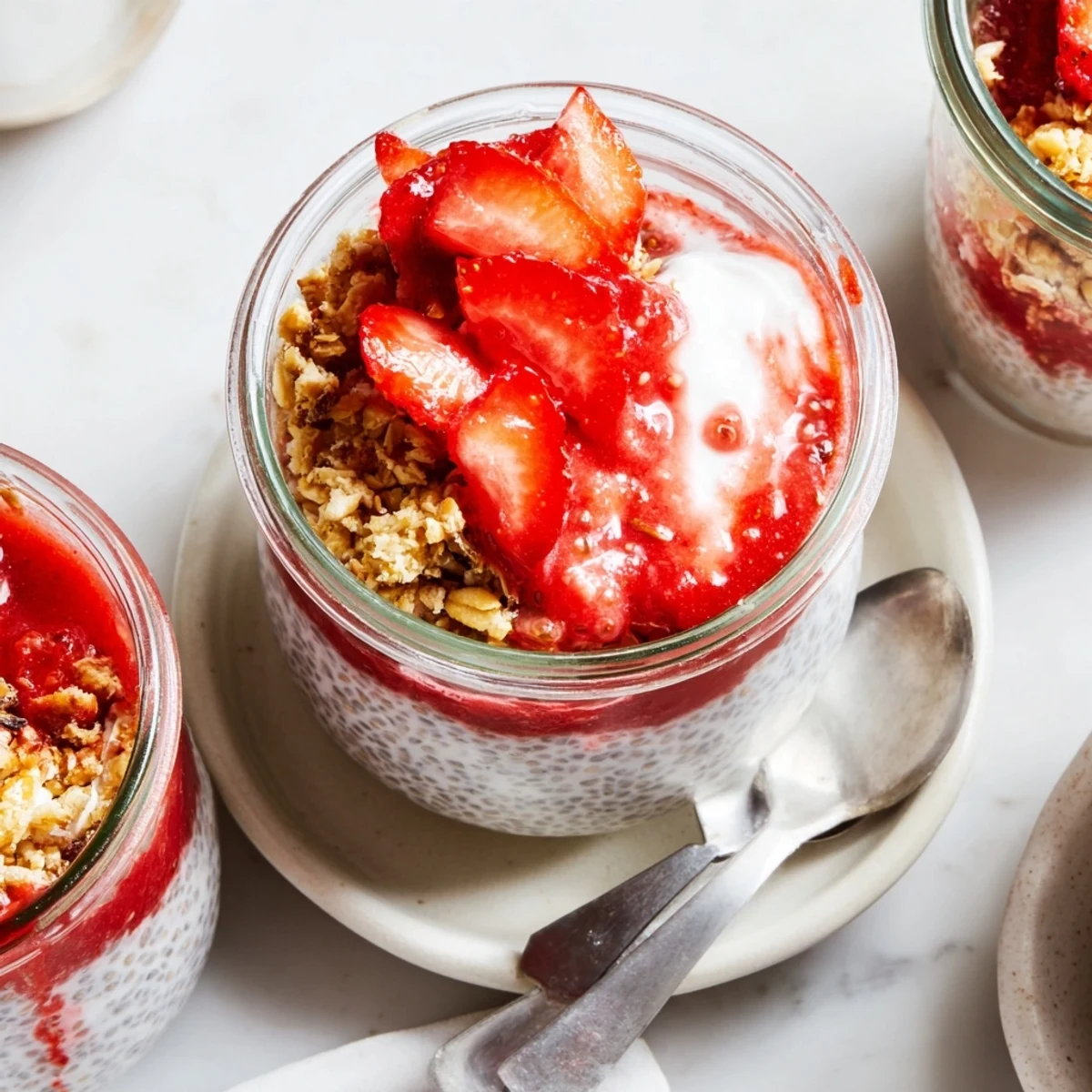Glass jar layered with creamy chia pudding, sweet strawberry compote, and golden oat crumble topping