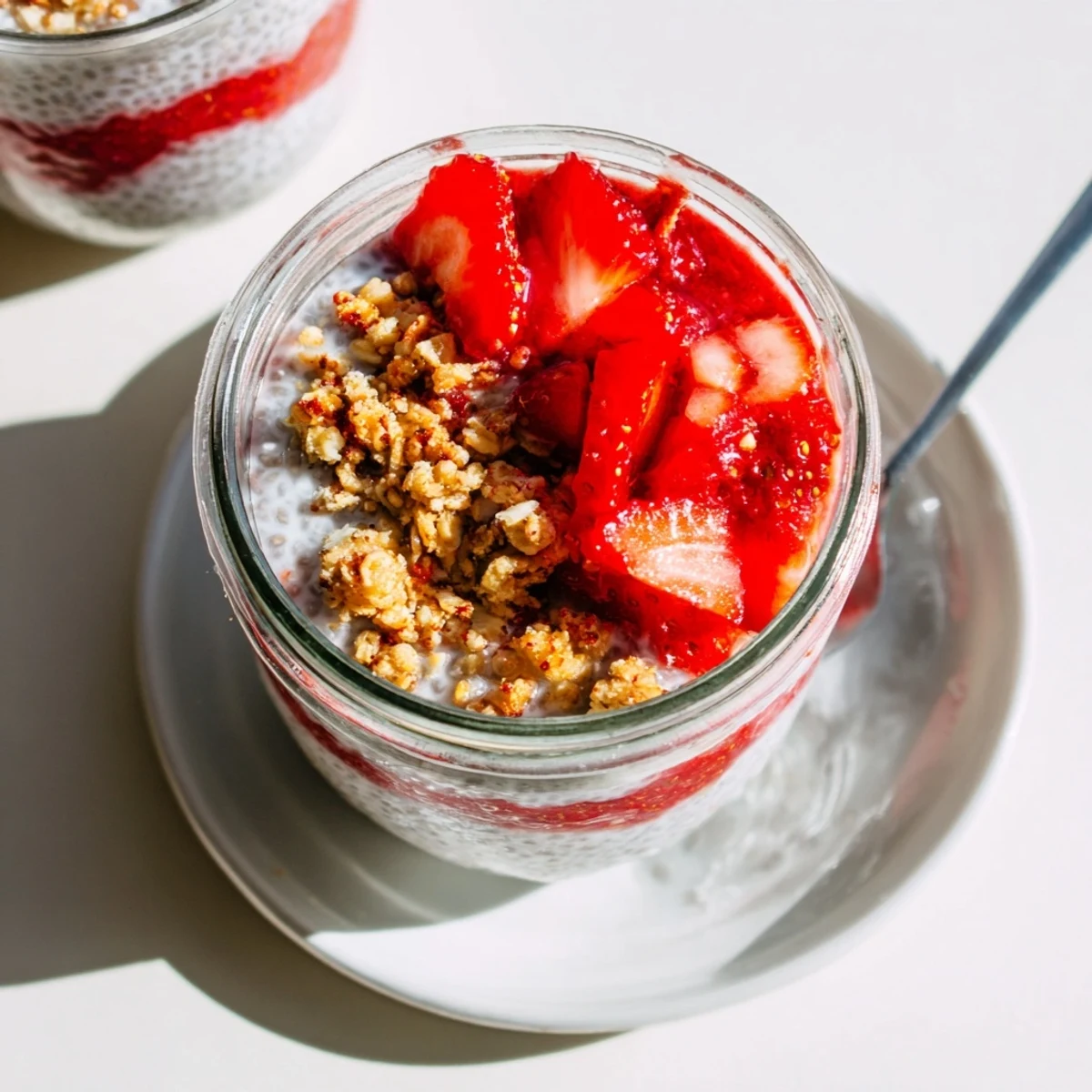 Healthy breakfast parfait featuring layered strawberry compote, thick chia pudding, and crispy cinnamon oat crumble
