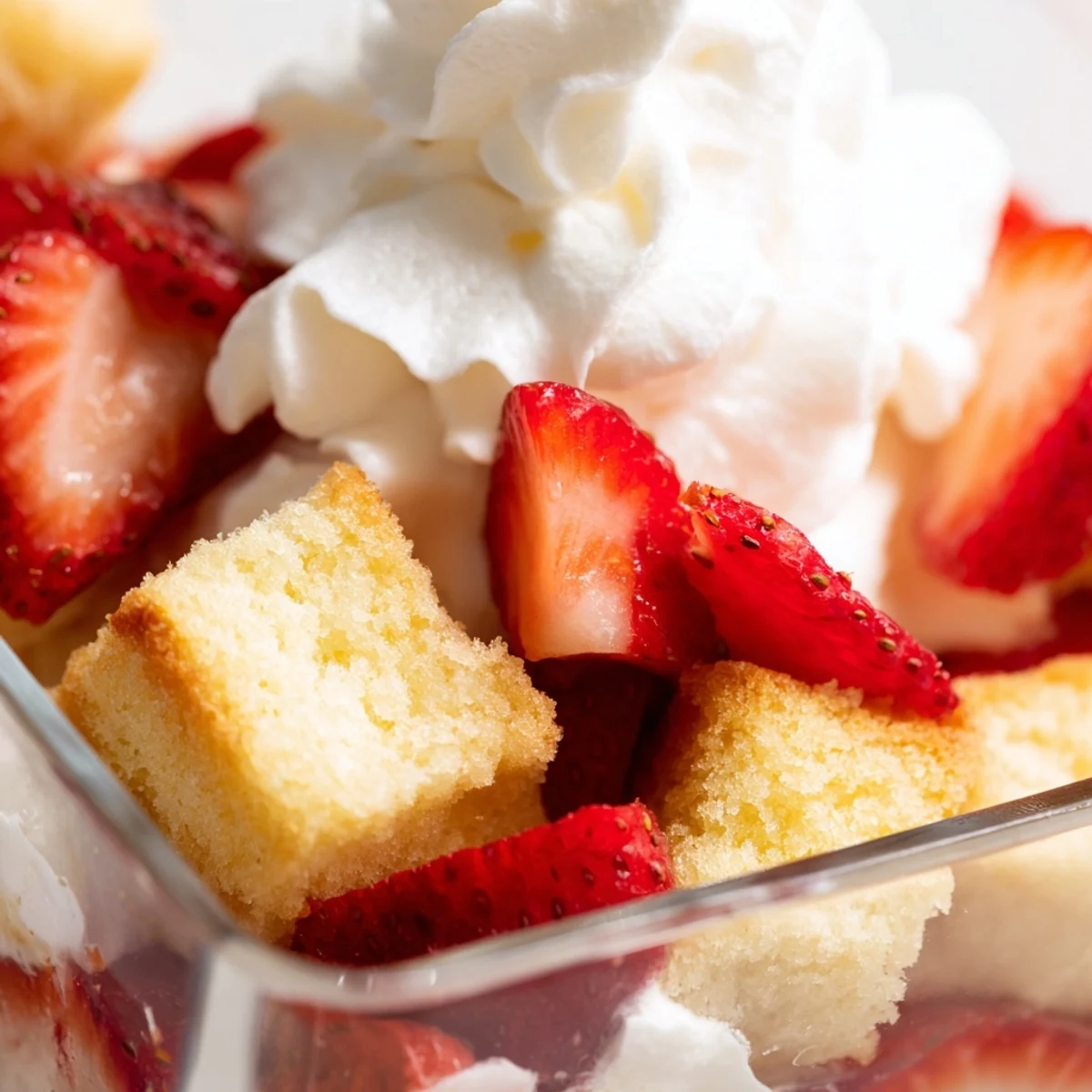 Golden strawberry shortcake trifles layered with fresh berries and fluffy whipped cream in clear glasses