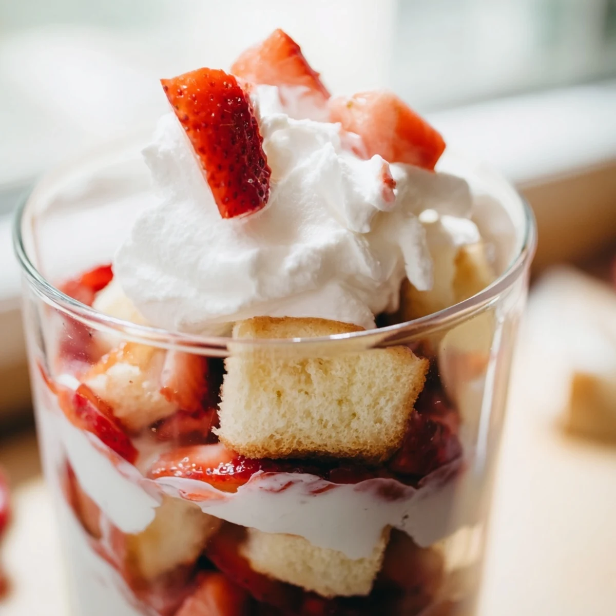 Individual strawberry shortcake trifles showcasing macerated red strawberries, tender cake cubes, and vanilla cream