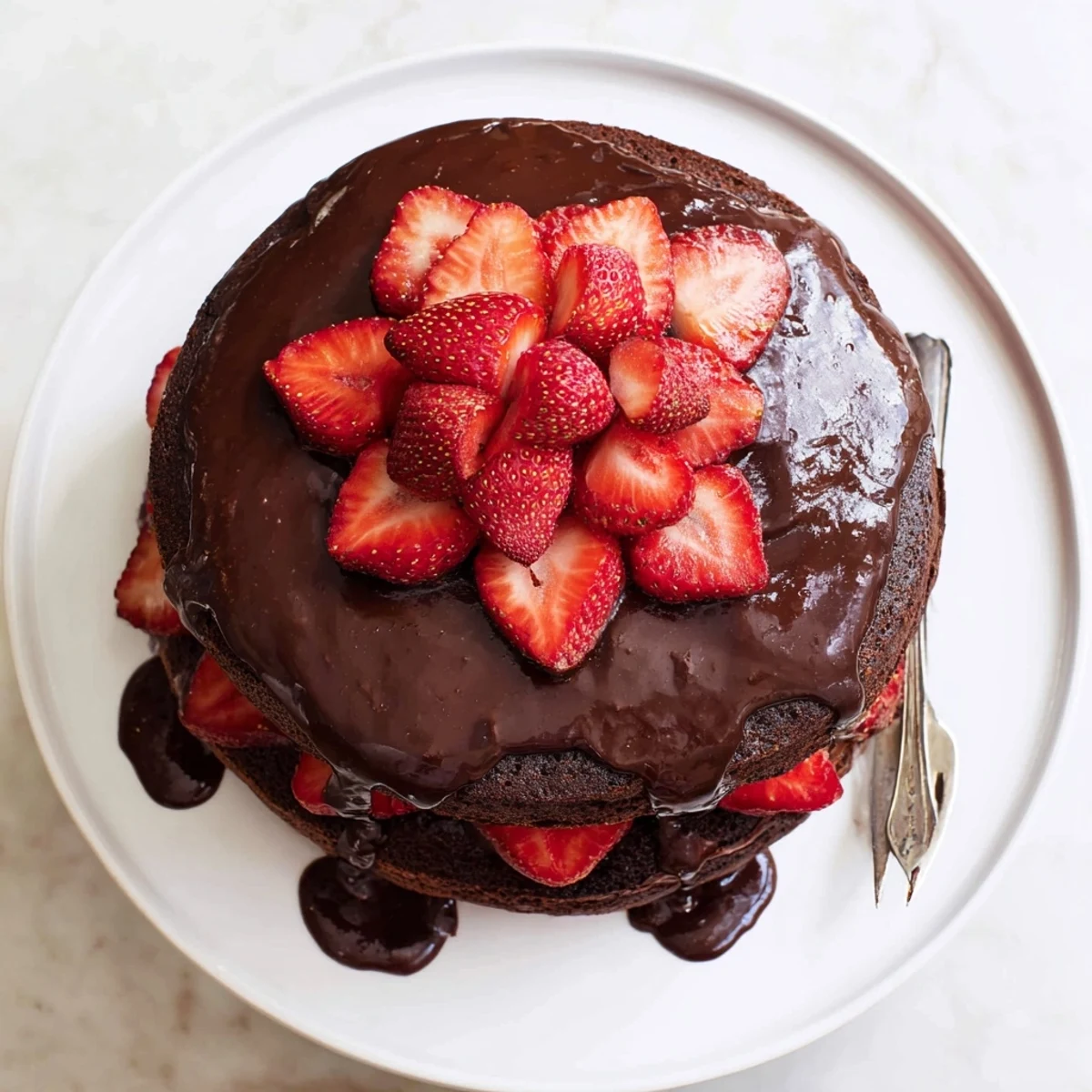 Rich chocolate layered cake filled with juicy macerated strawberries and whipped cream topping