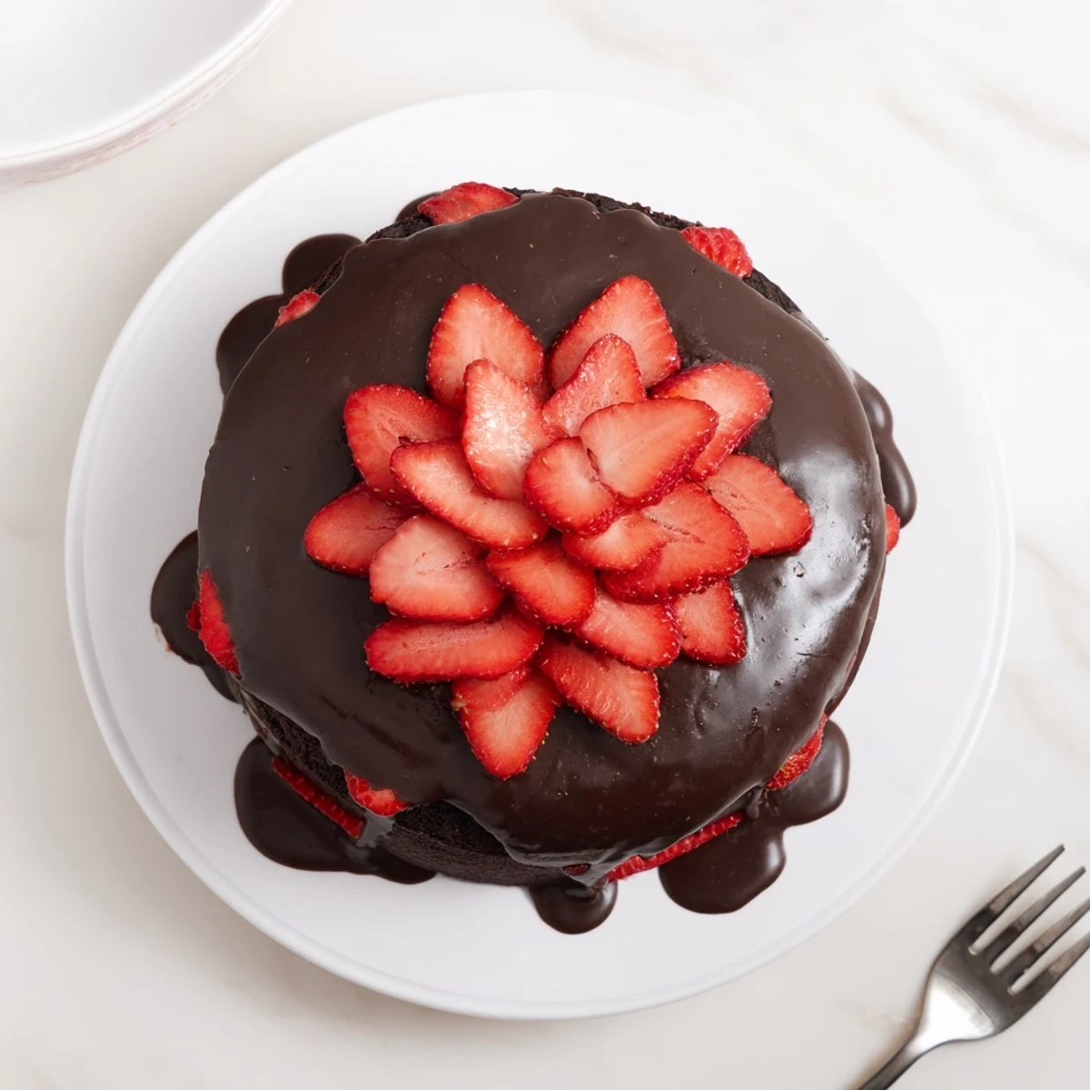 Decadent strawberry chocolate cake with glossy ganache dripping over fresh strawberry garnish