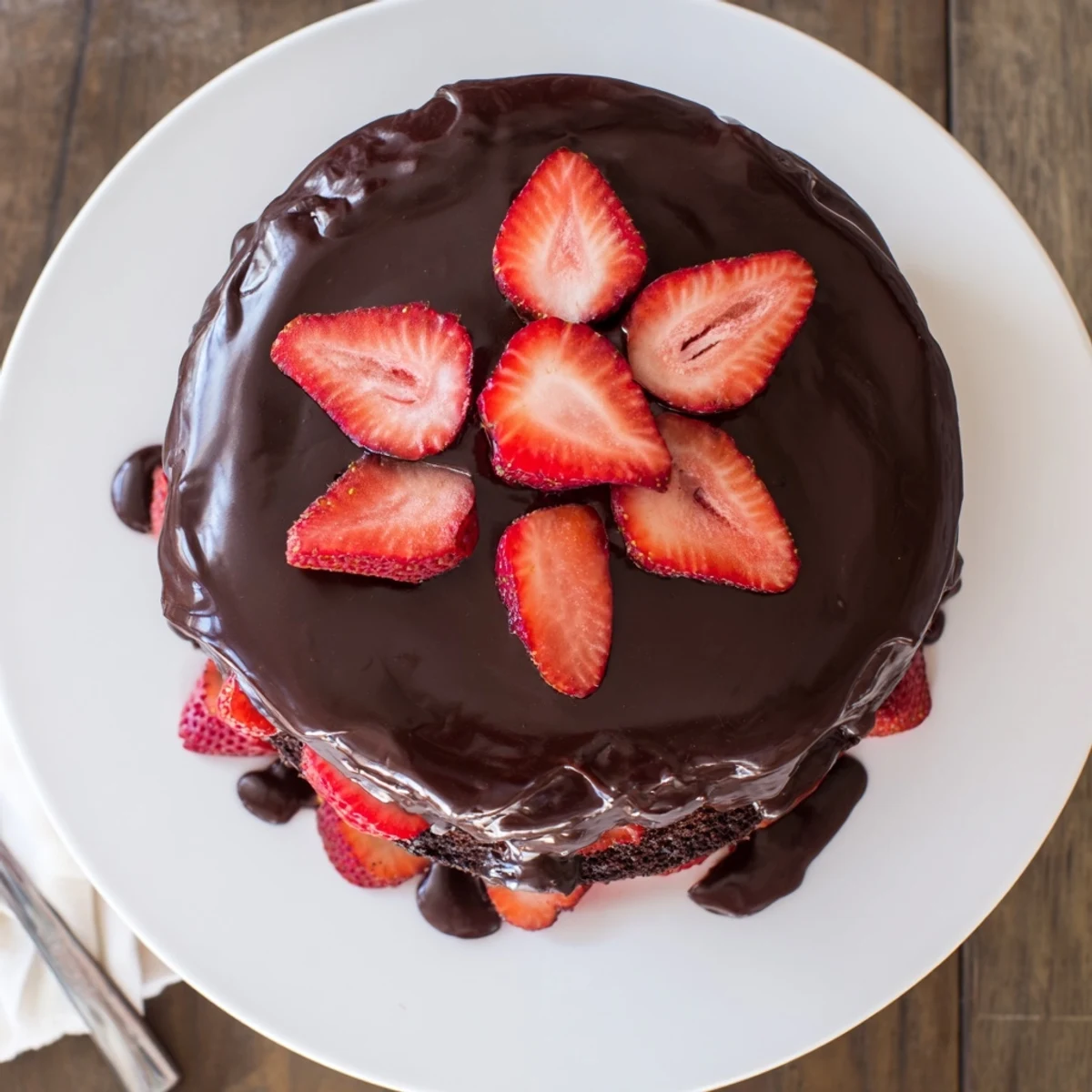 Slice of moist strawberry chocolate cake showcasing smooth ganache and bright red fruit layers