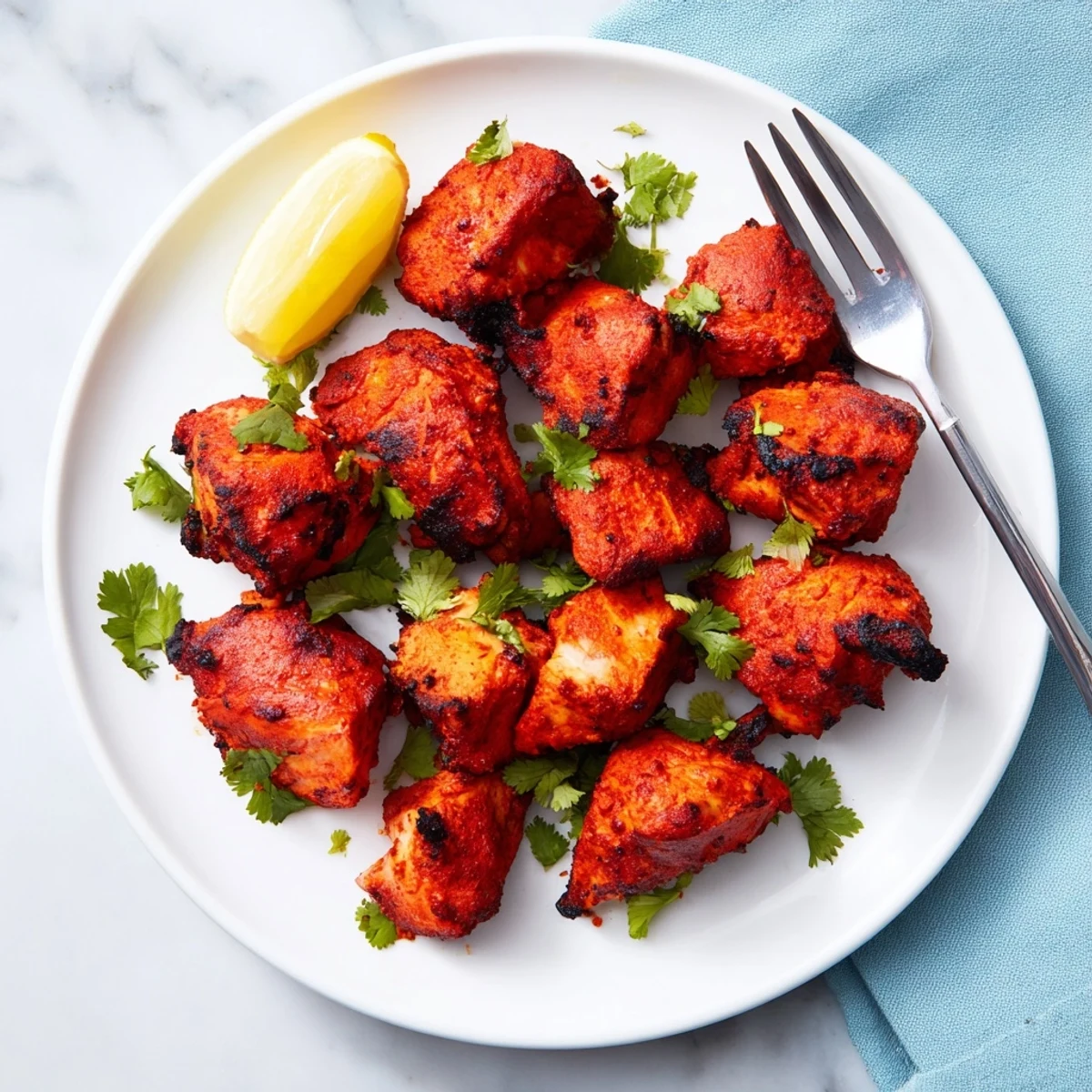 Golden tandoori chicken thighs marinated in spiced yogurt and roasted to smoky perfection