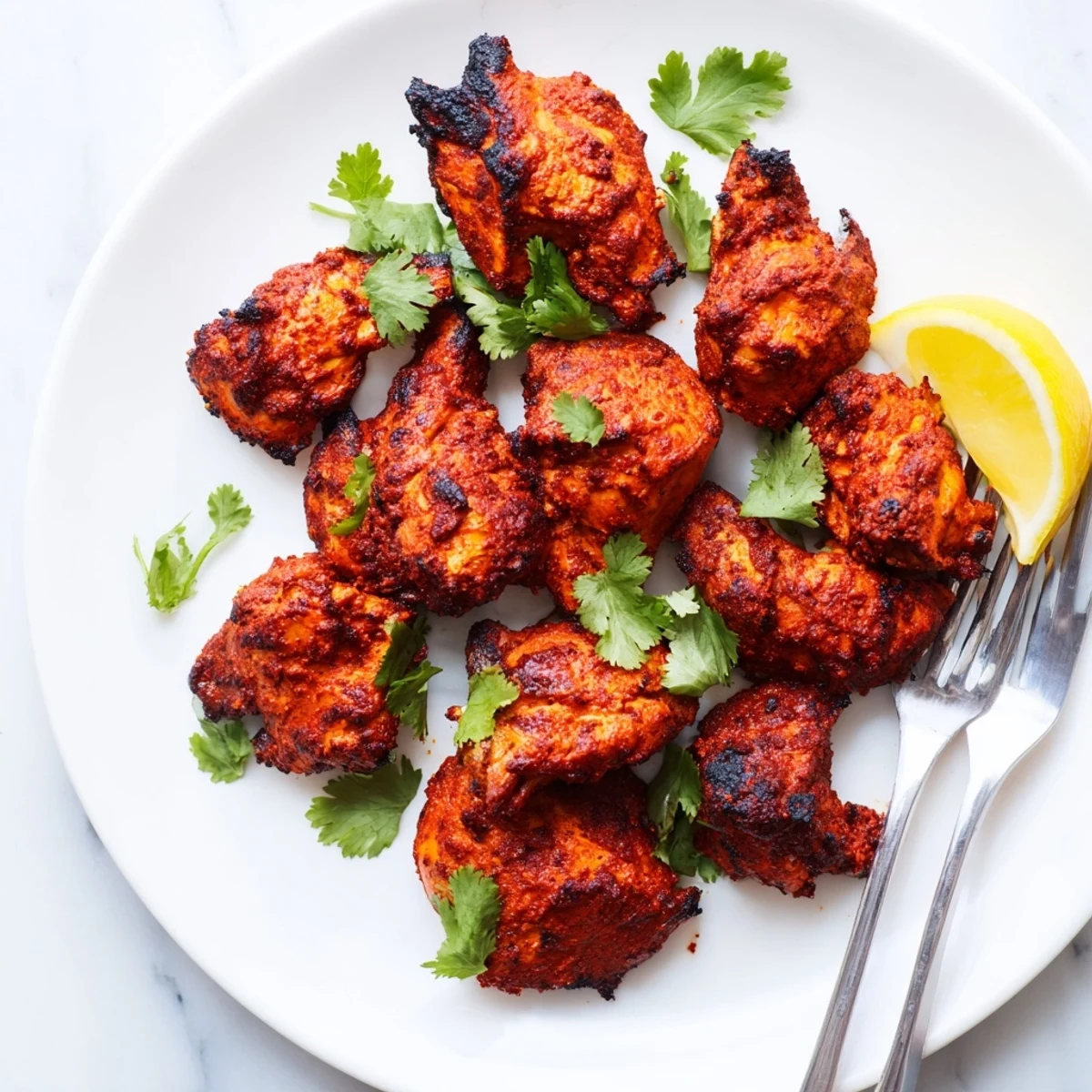 Succulent tandoori chicken pieces with charred edges garnished with fresh cilantro and lemon wedges