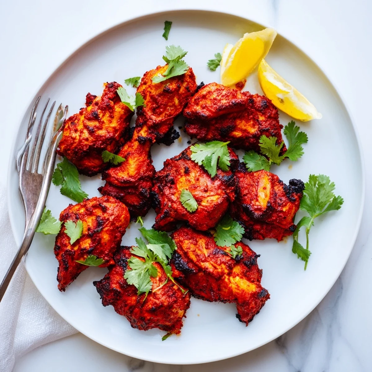 Indian spiced tandoori chicken yogurt dish served piping hot on a white ceramic plate