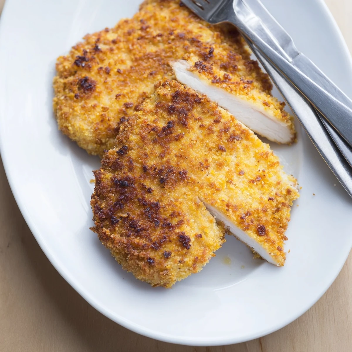 Buttermilk fried chicken breast served hot with steam rising from the crust