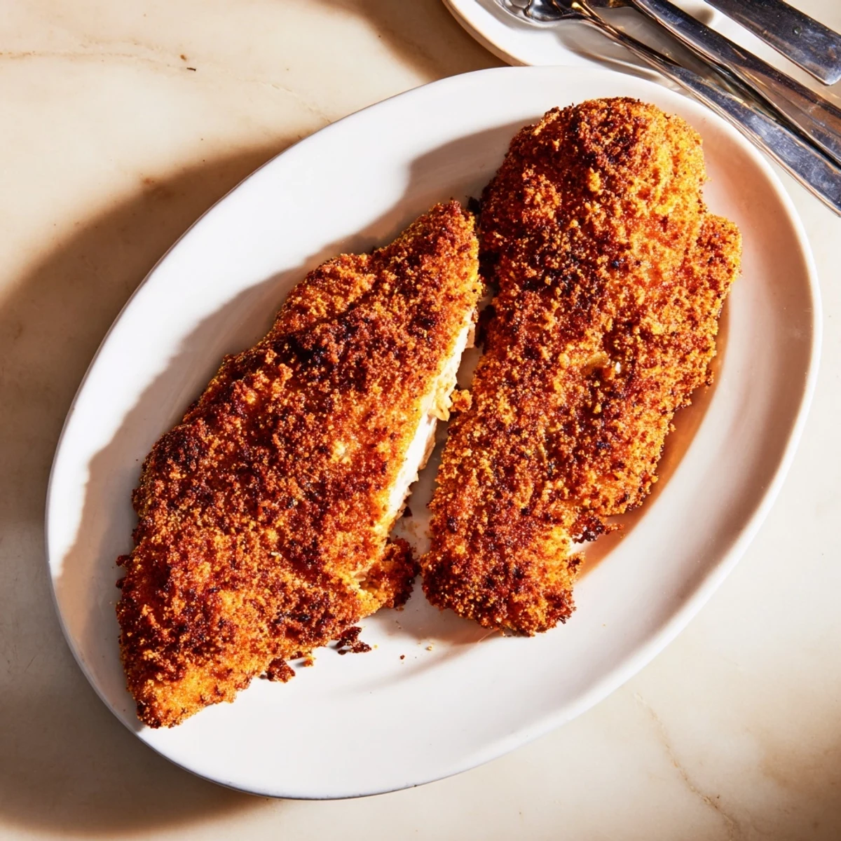 Golden fried chicken breast with crispy breadcrumbs and juicy meat inside