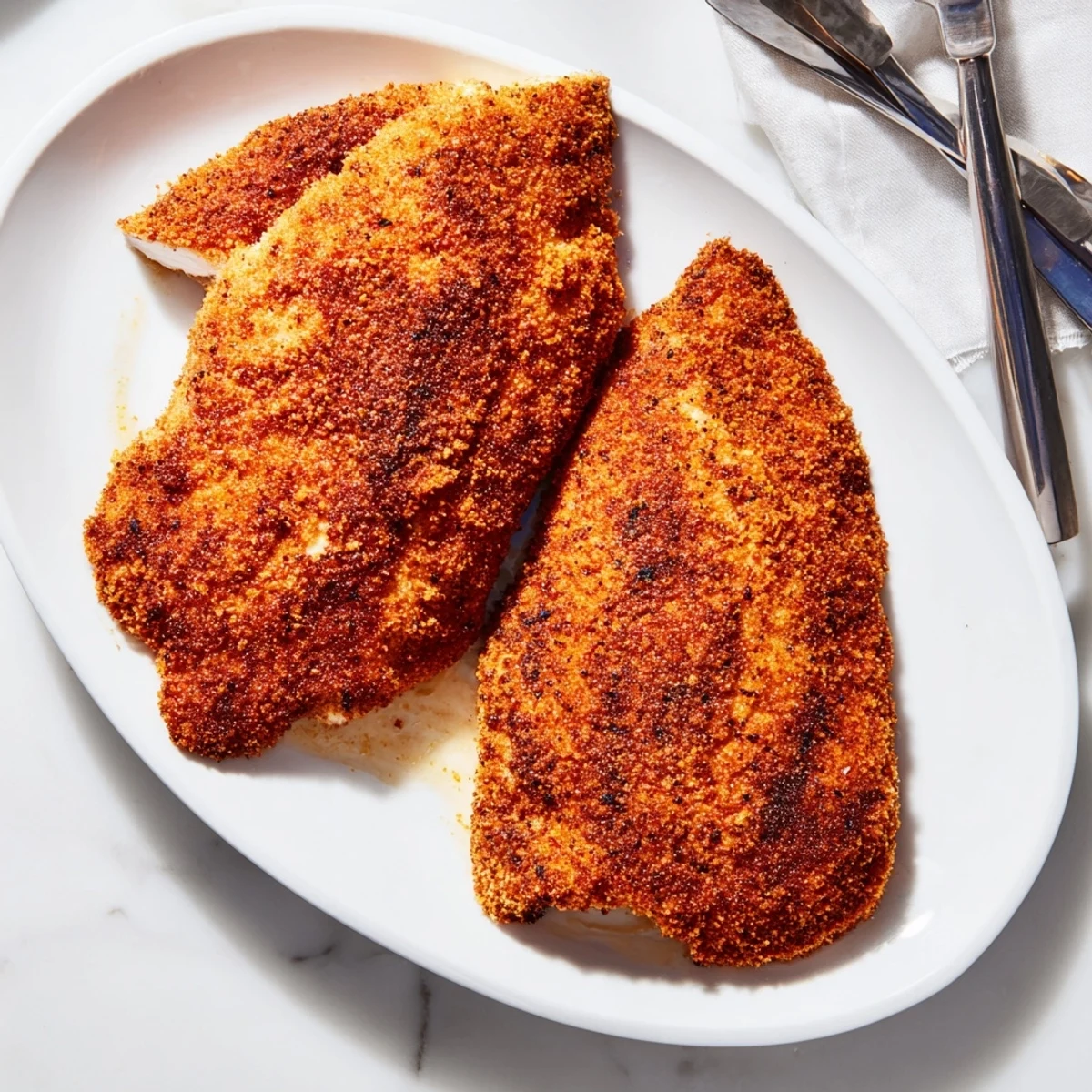 Crispy pan-fried chicken breast with golden brown coating on white plate