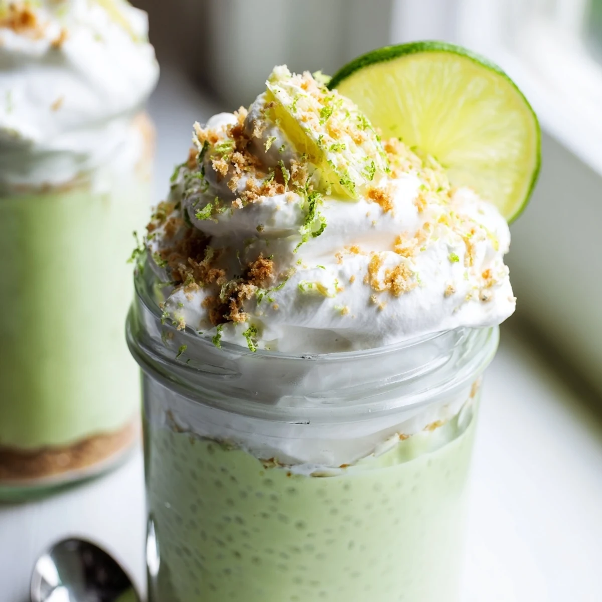 Vegan key lime chia pudding layered in glass jars with graham cracker crumbles