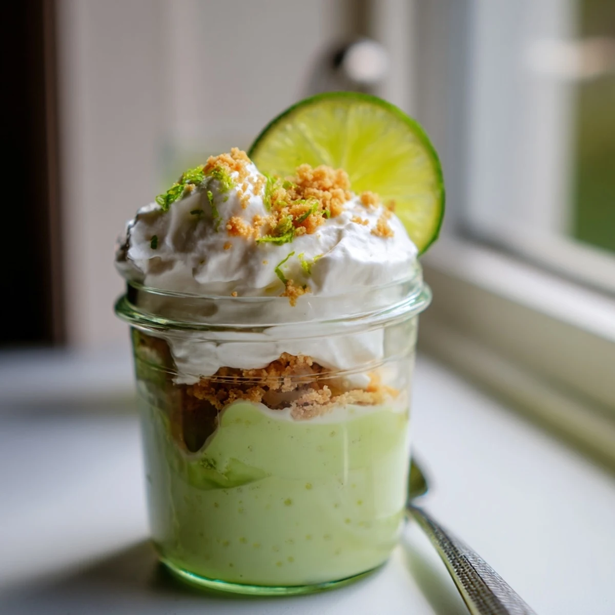 Zesty key lime chia pudding garnished with lime slices and coconut cream swirls
