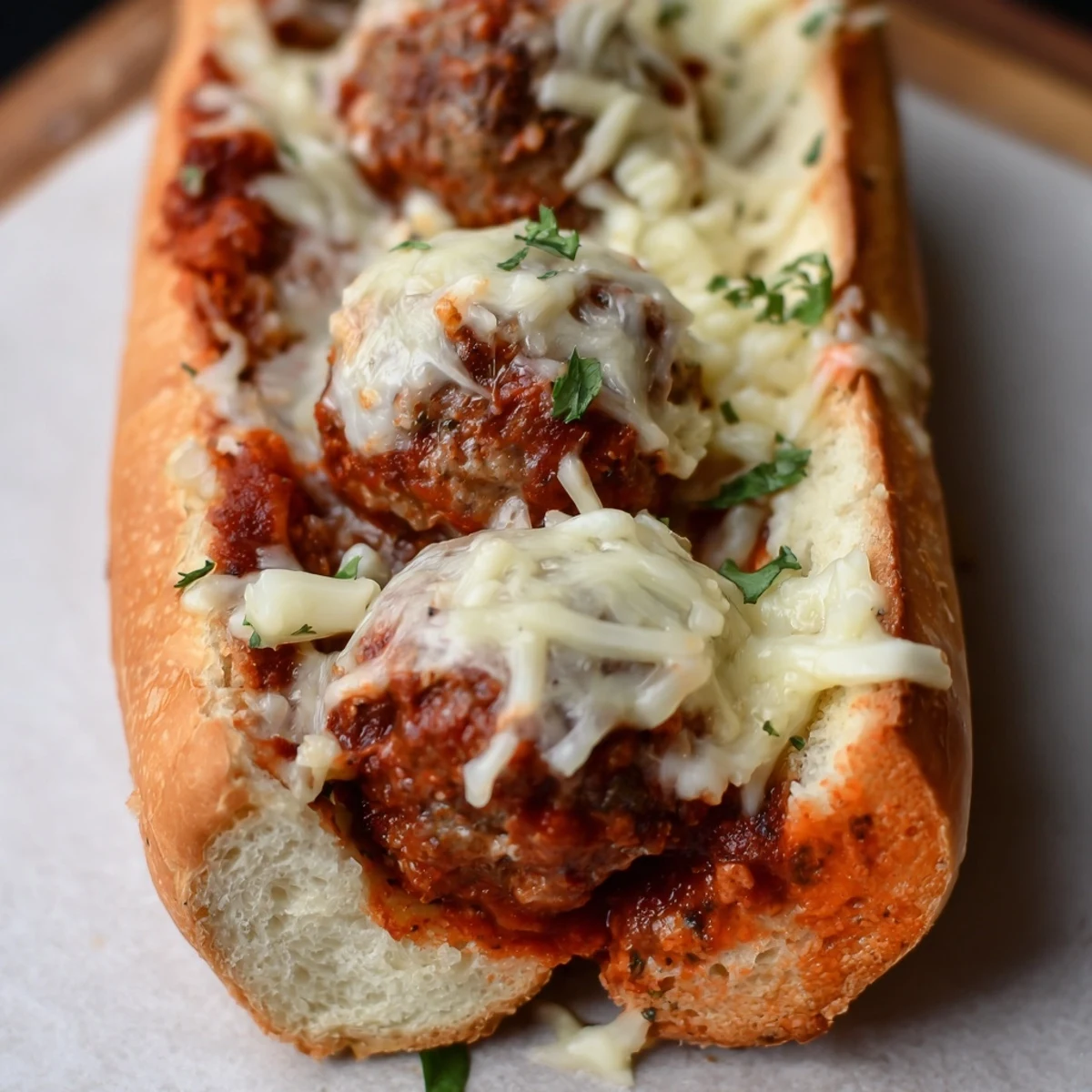 Golden brown meatballs nestled in marinara sauce topped with melted mozzarella inside toasted garlic sub rolls