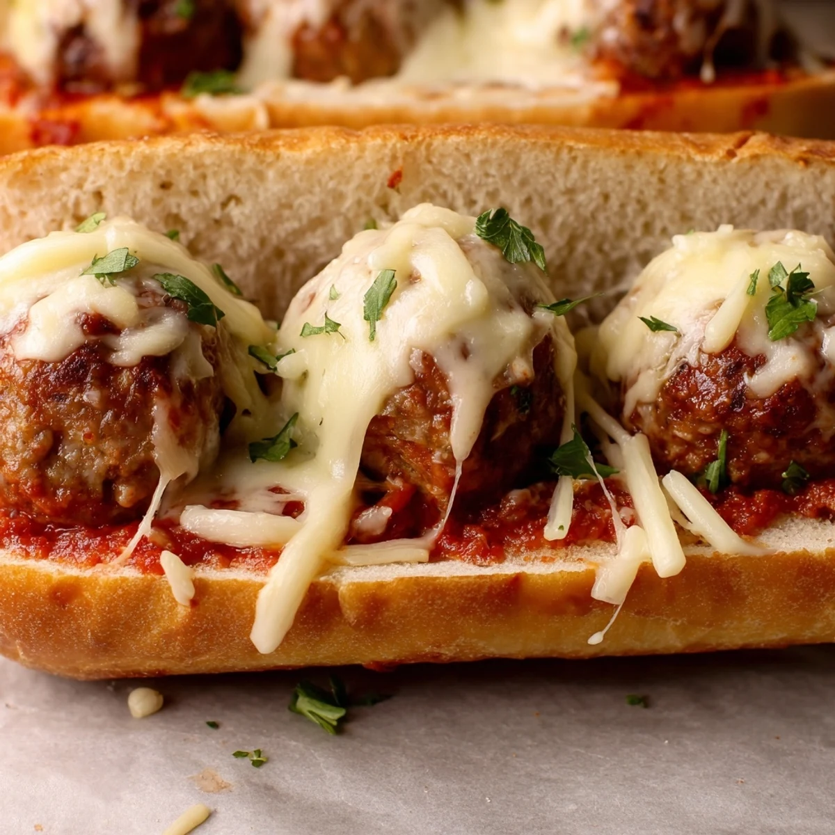 Toasted submarine sandwich loaded with beef meatballs swimming in rich tomato sauce and bubbly melted cheese