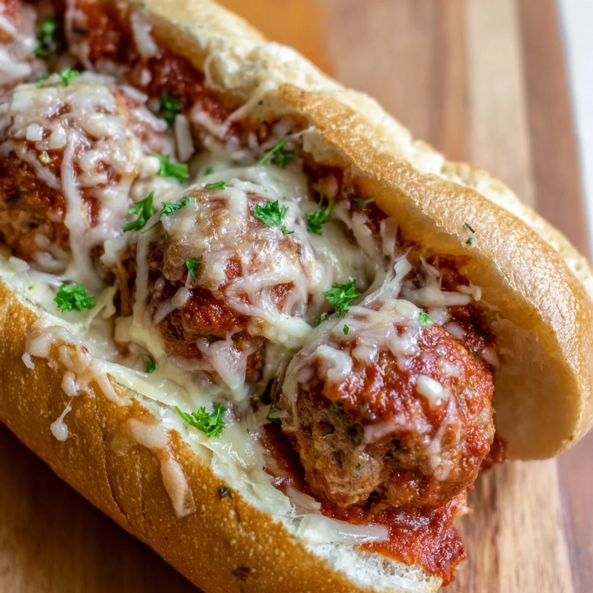 Classic meatball sub featuring tender seasoned meatballs smothered in marinara and gooey cheese on warm toasted bread