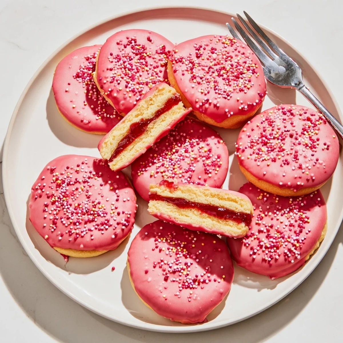 Soft golden strawberry pop tart cookies oozing with bright red jam and white glaze