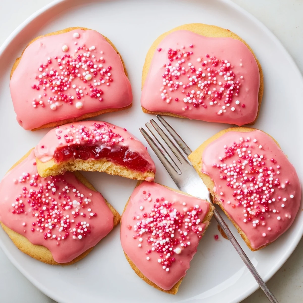 Freshly baked strawberry pop tart cookies topped with pink icing and rainbow sprinkles