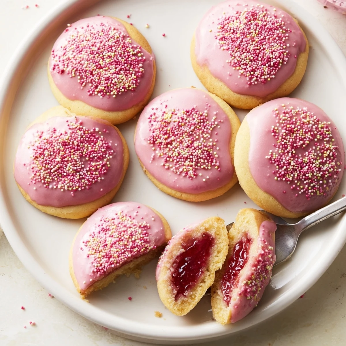 Homemade strawberry pop tart cookies filled with sweet jam and drizzled with vanilla glaze