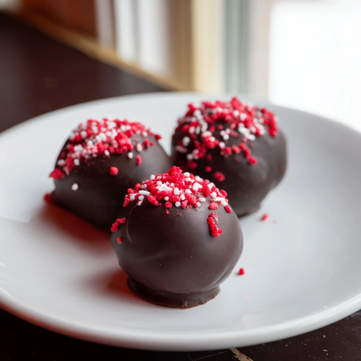 Bite-sized red velvet cheesecake balls coated in smooth dark chocolate with colorful sprinkles on top