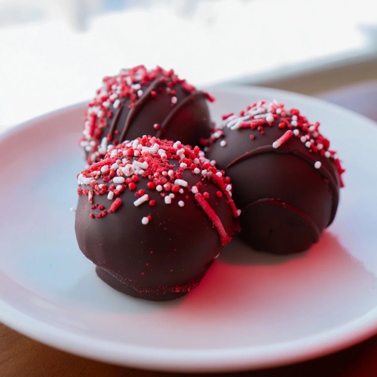Decadent red velvet cheesecake balls featuring creamy centers dipped in melted white chocolate shell