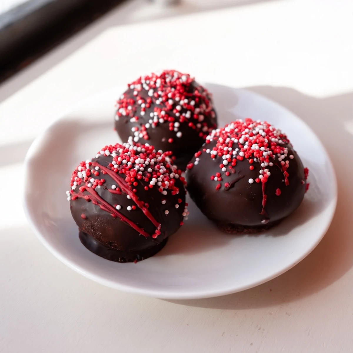 Homemade red velvet cheesecake balls arranged on a white plate ready for party serving