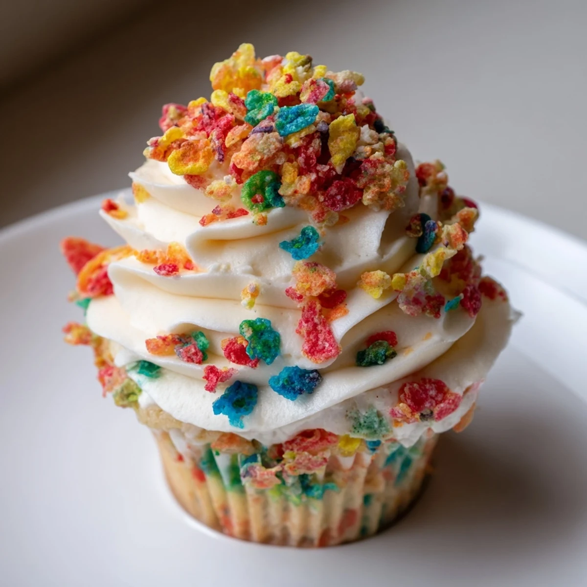 Colorful Fruity Pebbles cereal frosting swirled generously onto a vanilla cupcake with rainbow sprinkles