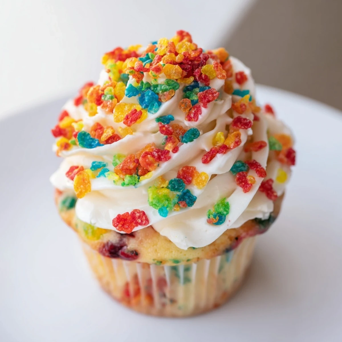 Fluffy buttercream frosting studded with colorful Fruity Pebbles cereal spread smoothly over a layer cake